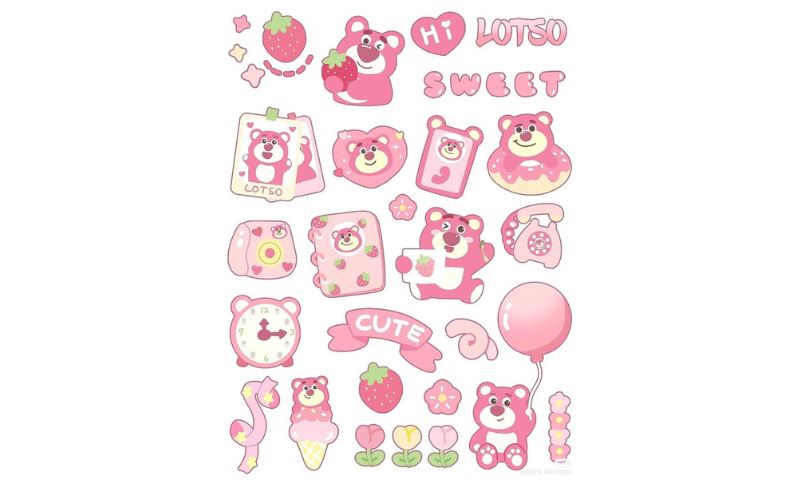 Mẫu hình sticker cute gấu dâu màu hồng cho bé gái