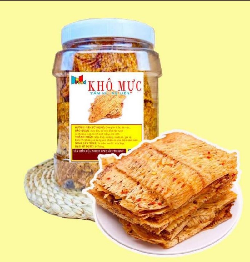 Tem nhãn mực khô được thiết kế với các thông tin cần thiết 