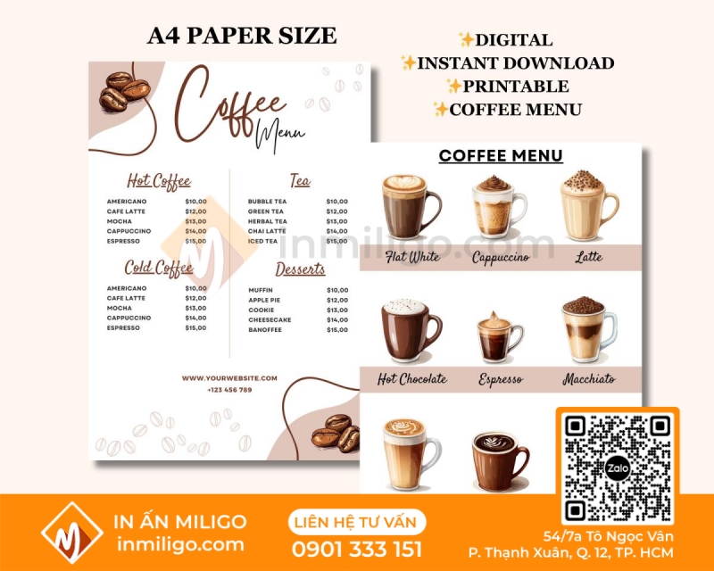 in menu quán cafe