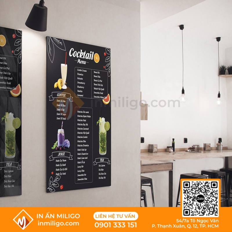 in menu quán cafe
