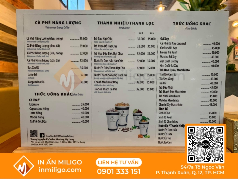 in menu quán cafe