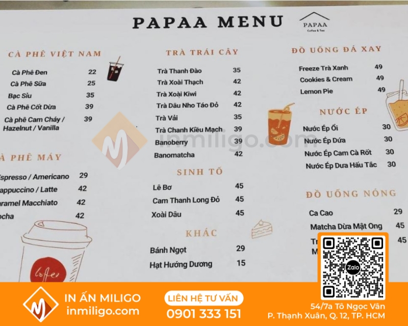 in menu quán cafe
