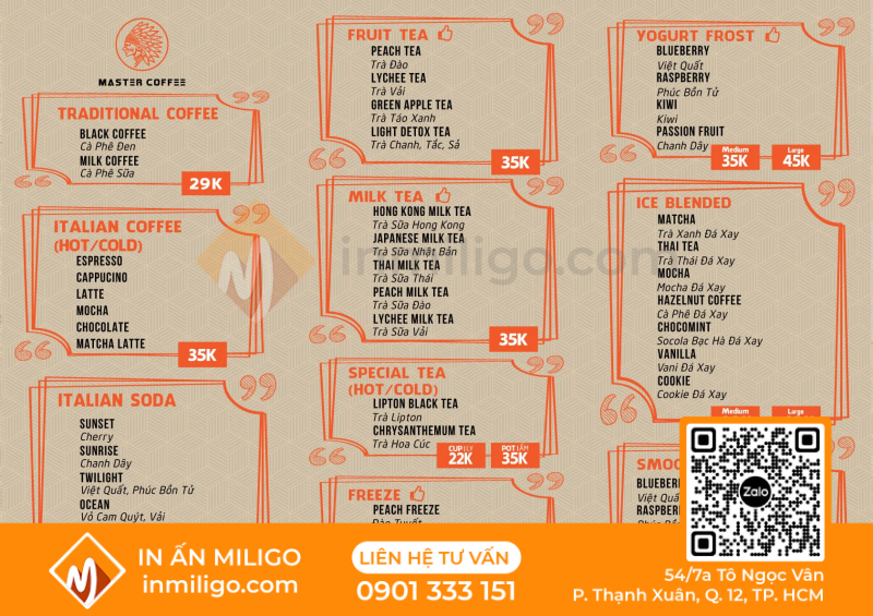 in menu quán cafe