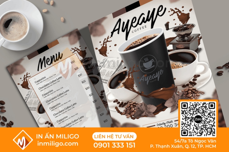 in menu quán cafe