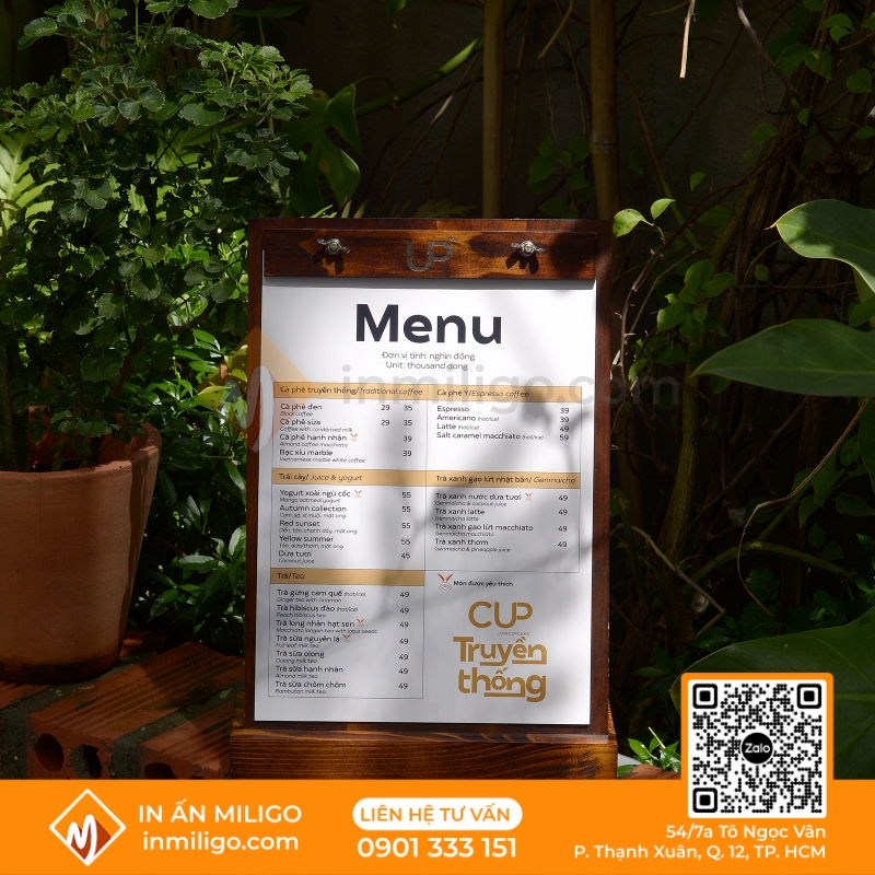in menu quán cafe