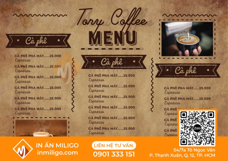 in menu quán cafe