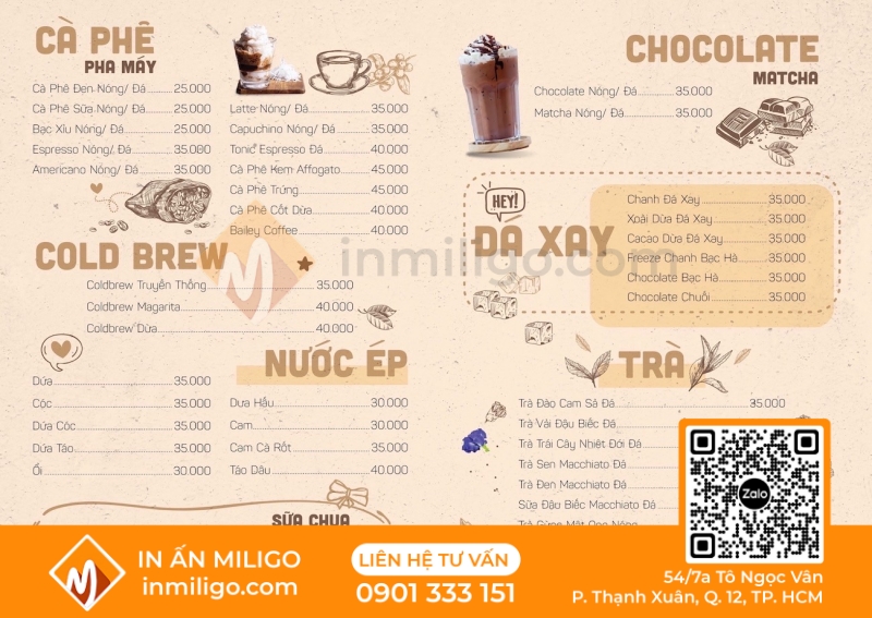 in menu quán cafe