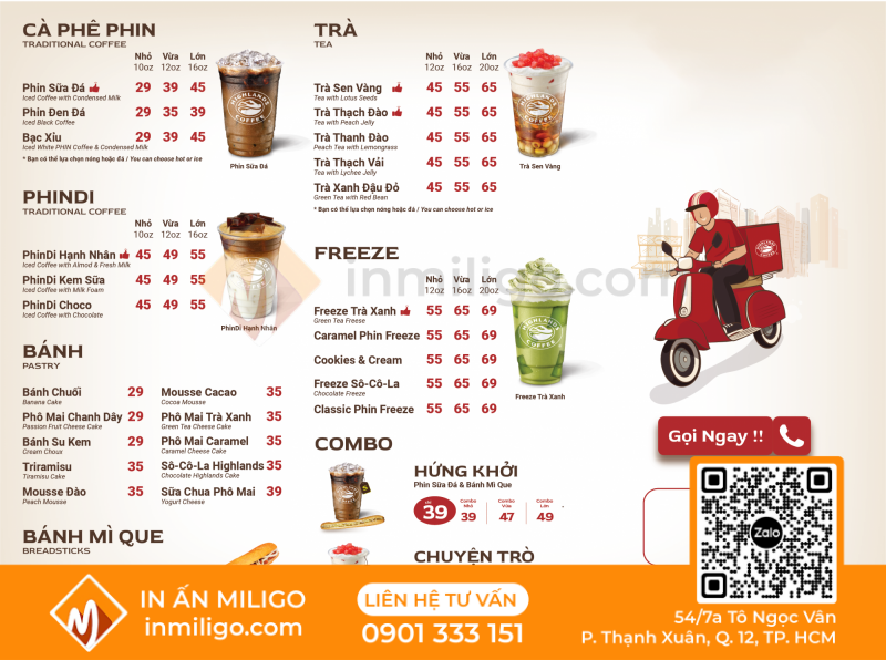 in menu quán cafe