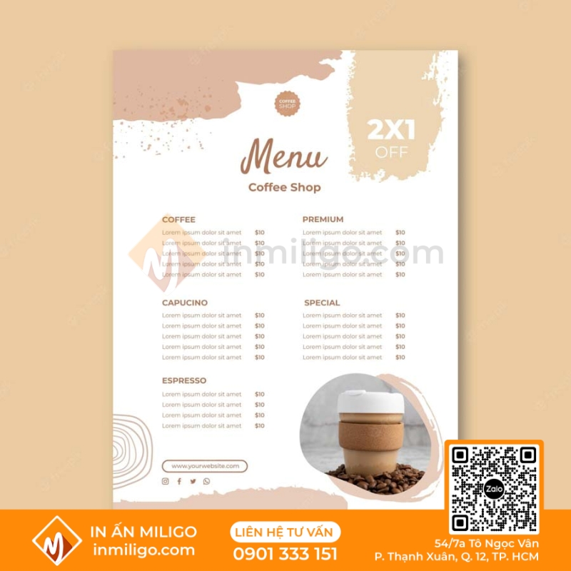 in menu quán cafe