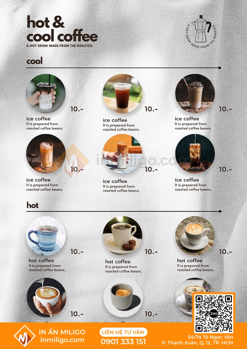 in menu quán cafe