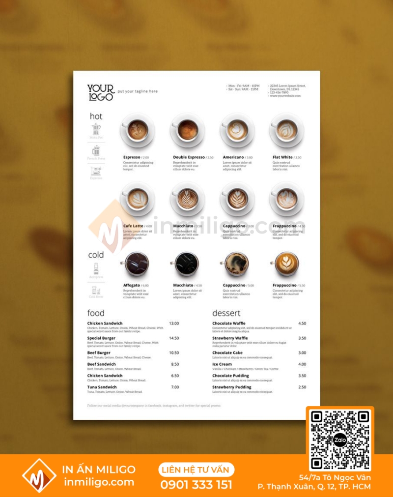 in menu quán cafe
