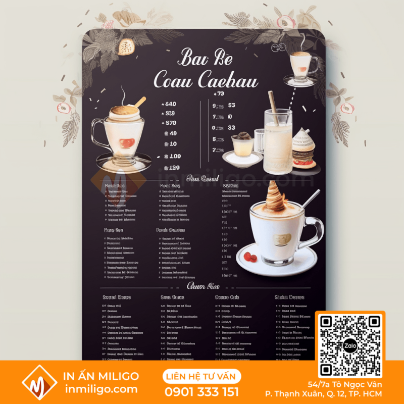 in menu quán cafe