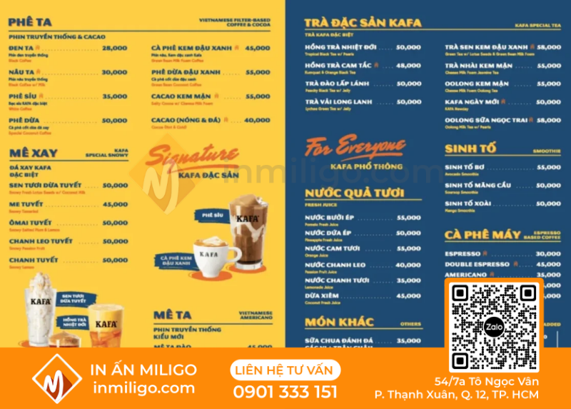 in menu quán cafe