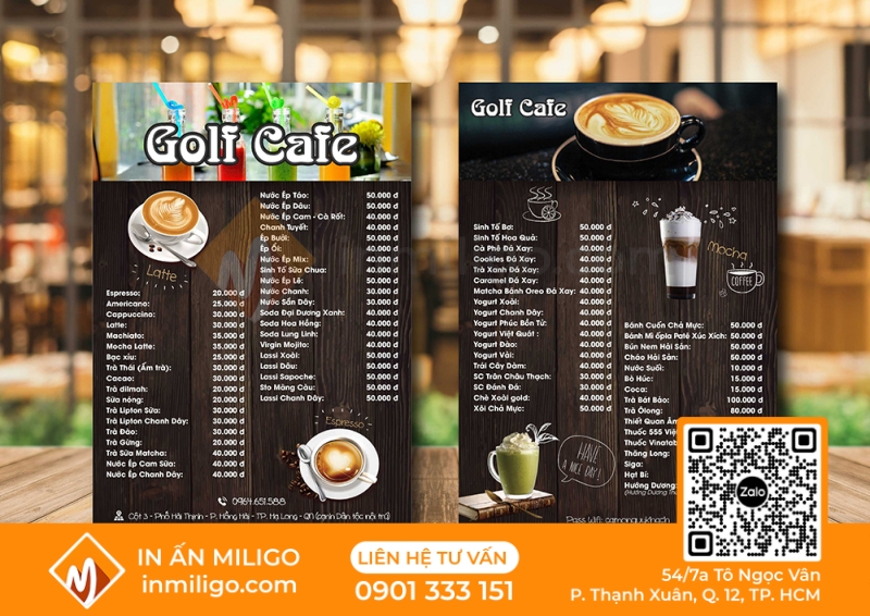 in menu quán cafe