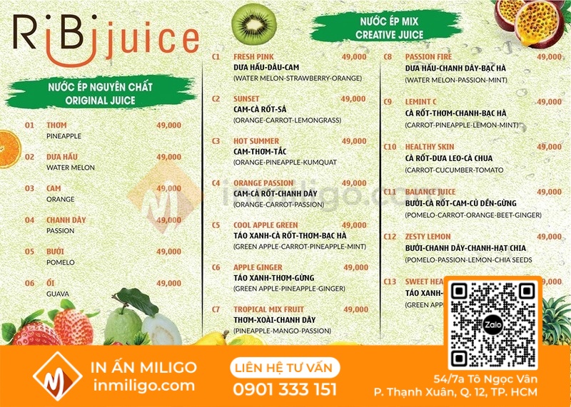Mẫu menu nước ép trái cây