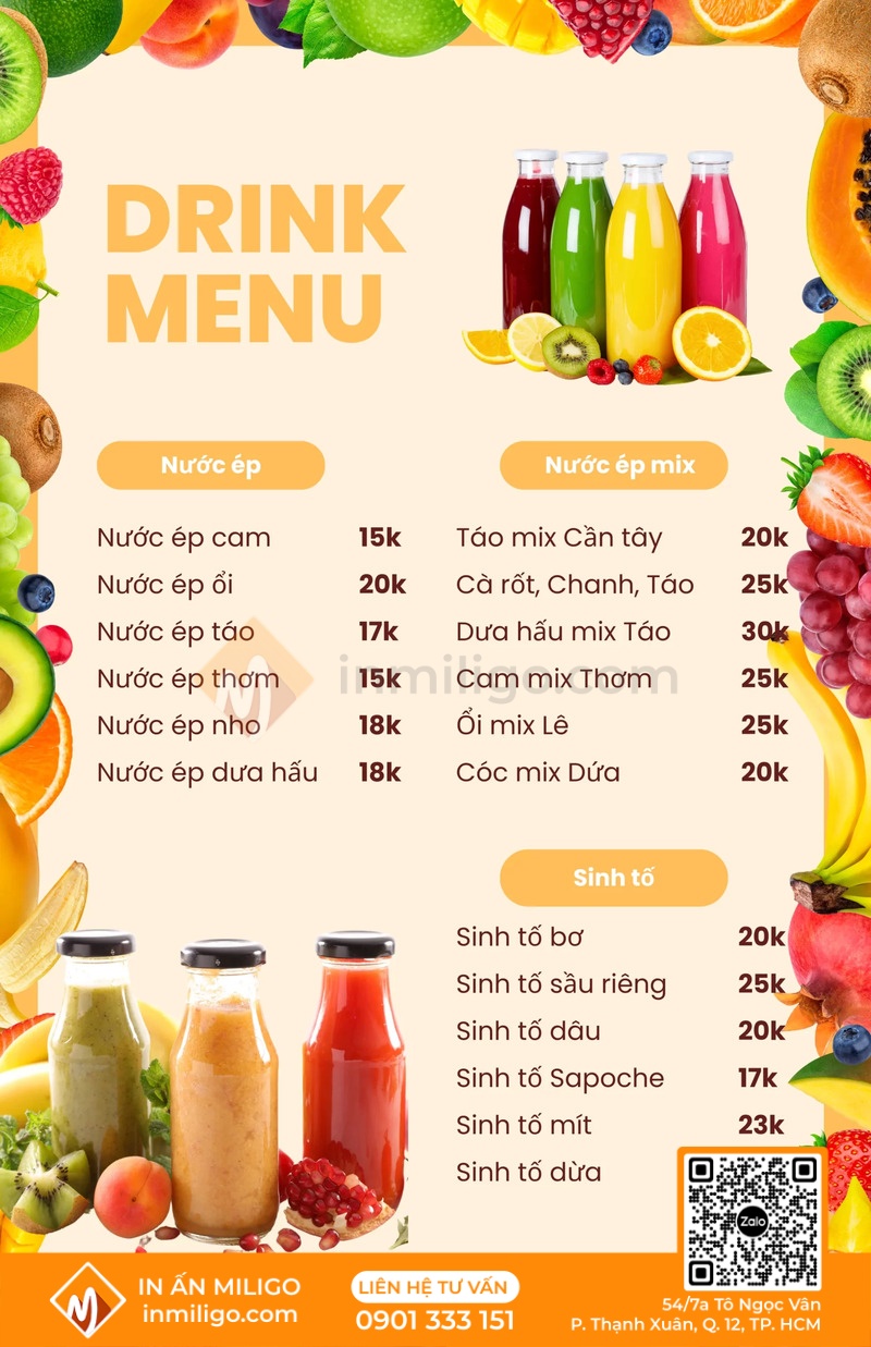 Mẫu menu nước ép trái cây