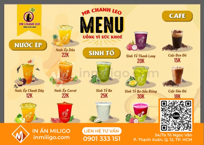 Mẫu menu nước ép trái cây