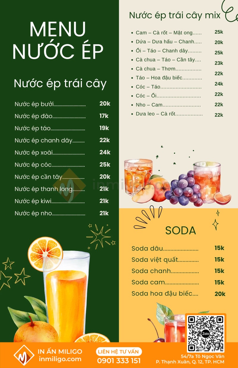 Mẫu menu nước ép trái cây