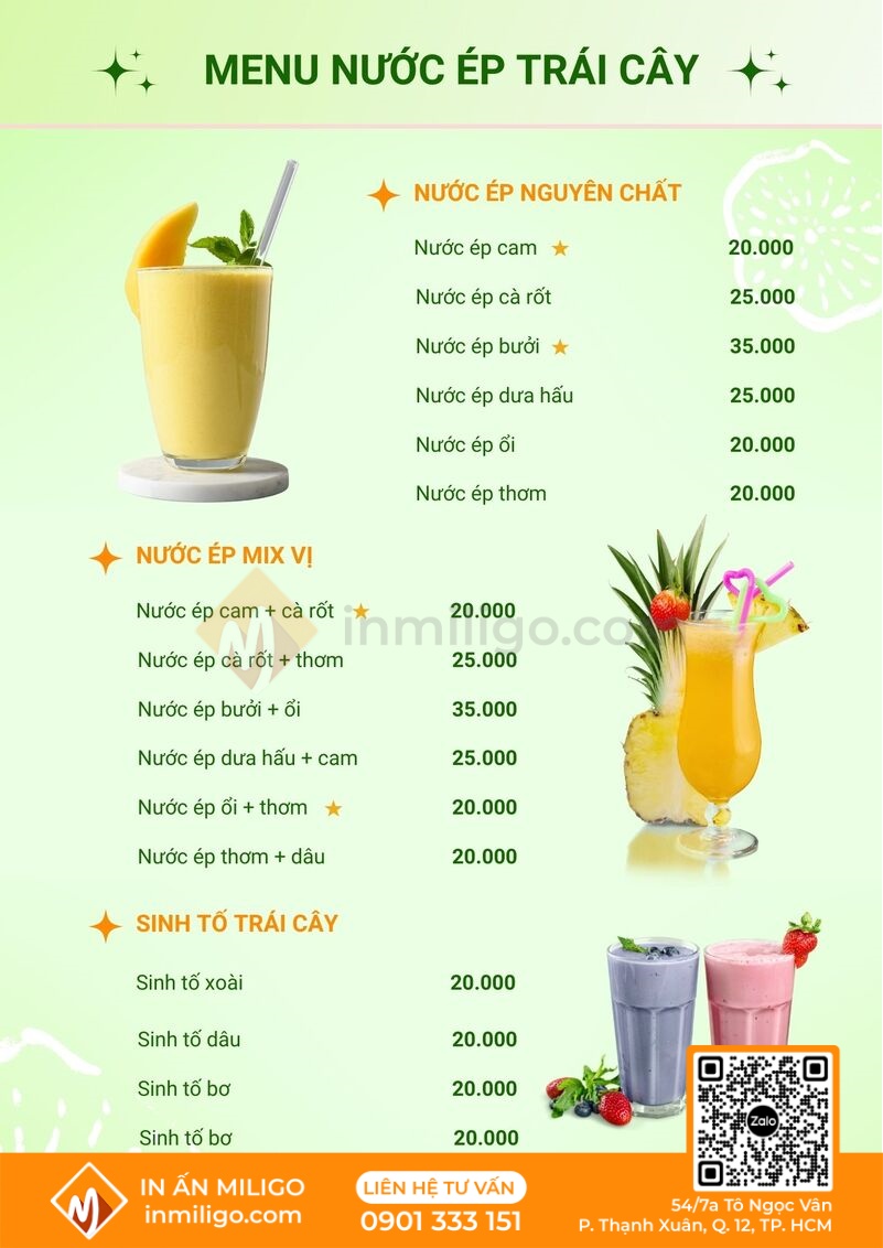 Mẫu menu nước ép trái cây