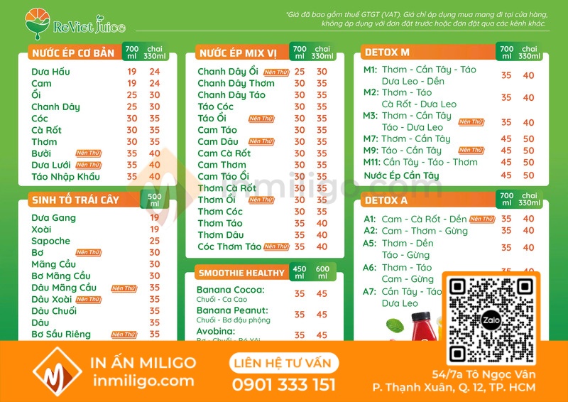 Mẫu menu nước ép trái cây