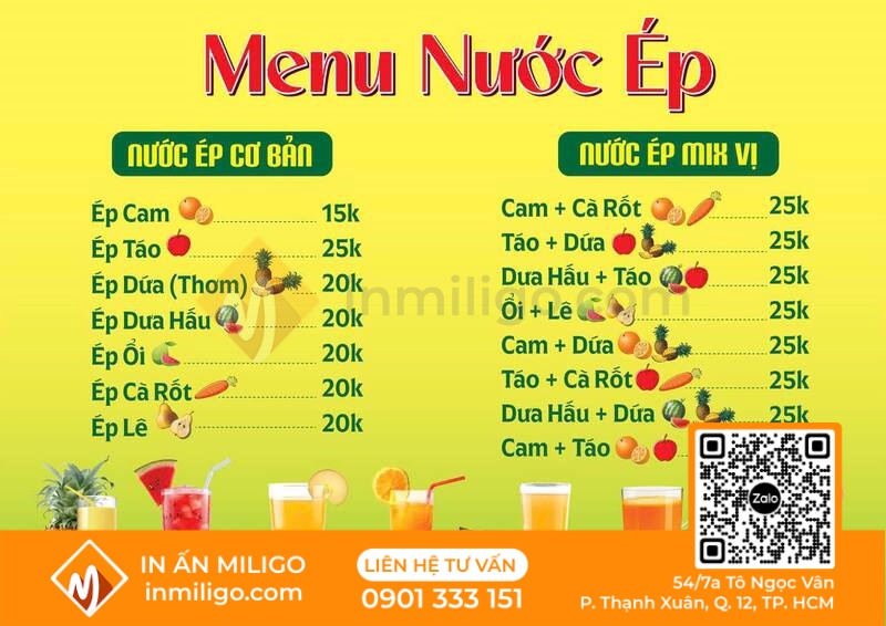 Mẫu menu nước ép trái cây