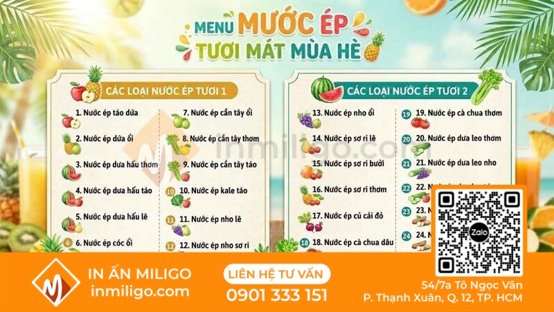 Mẫu menu nước ép trái cây