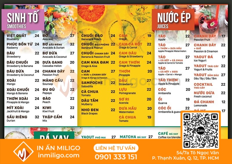 Mẫu menu nước ép trái cây
