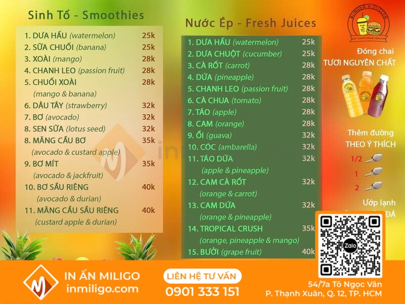 Mẫu menu nước ép trái cây