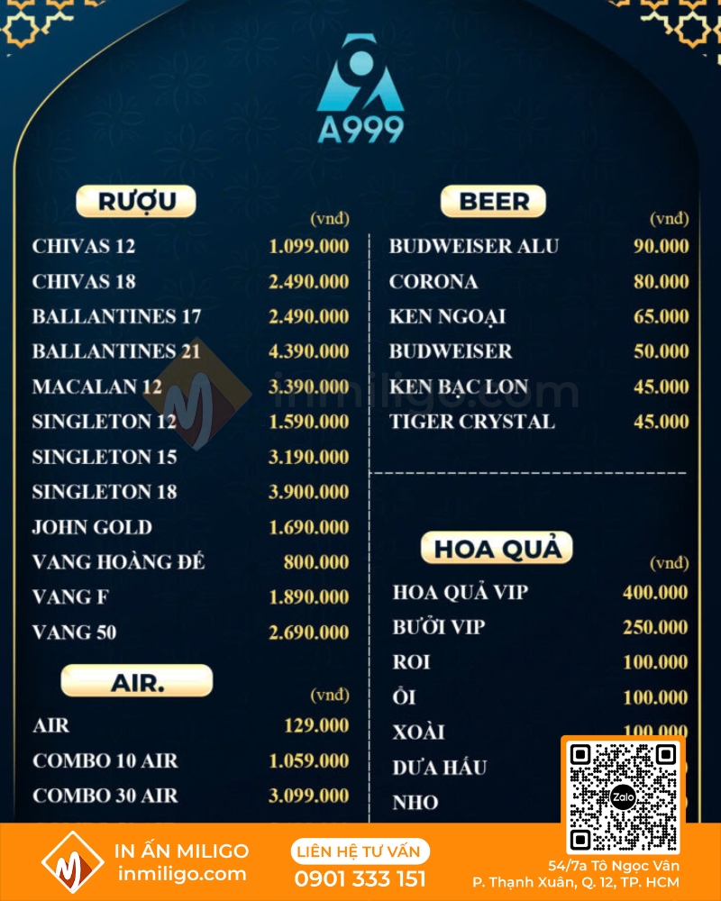 Menu quán karaoke