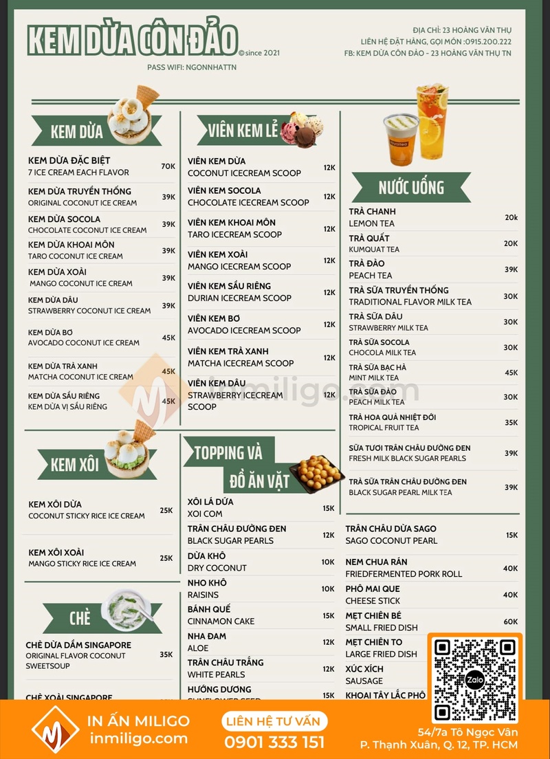 Menu quán kem