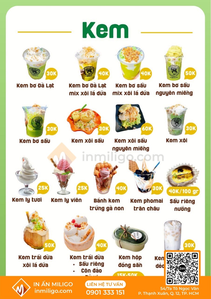 Menu quán kem