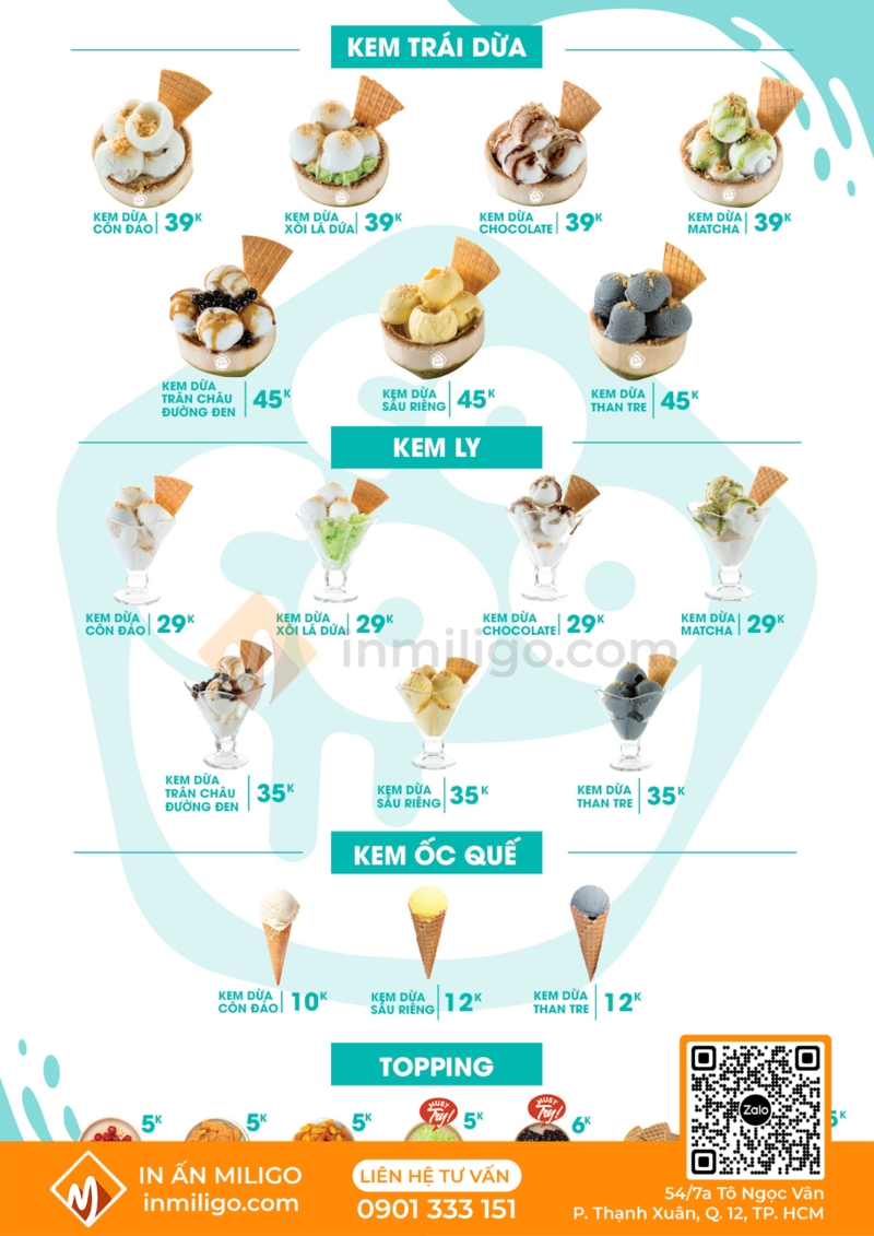 Menu quán kem