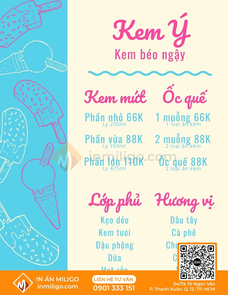 Menu quán kem