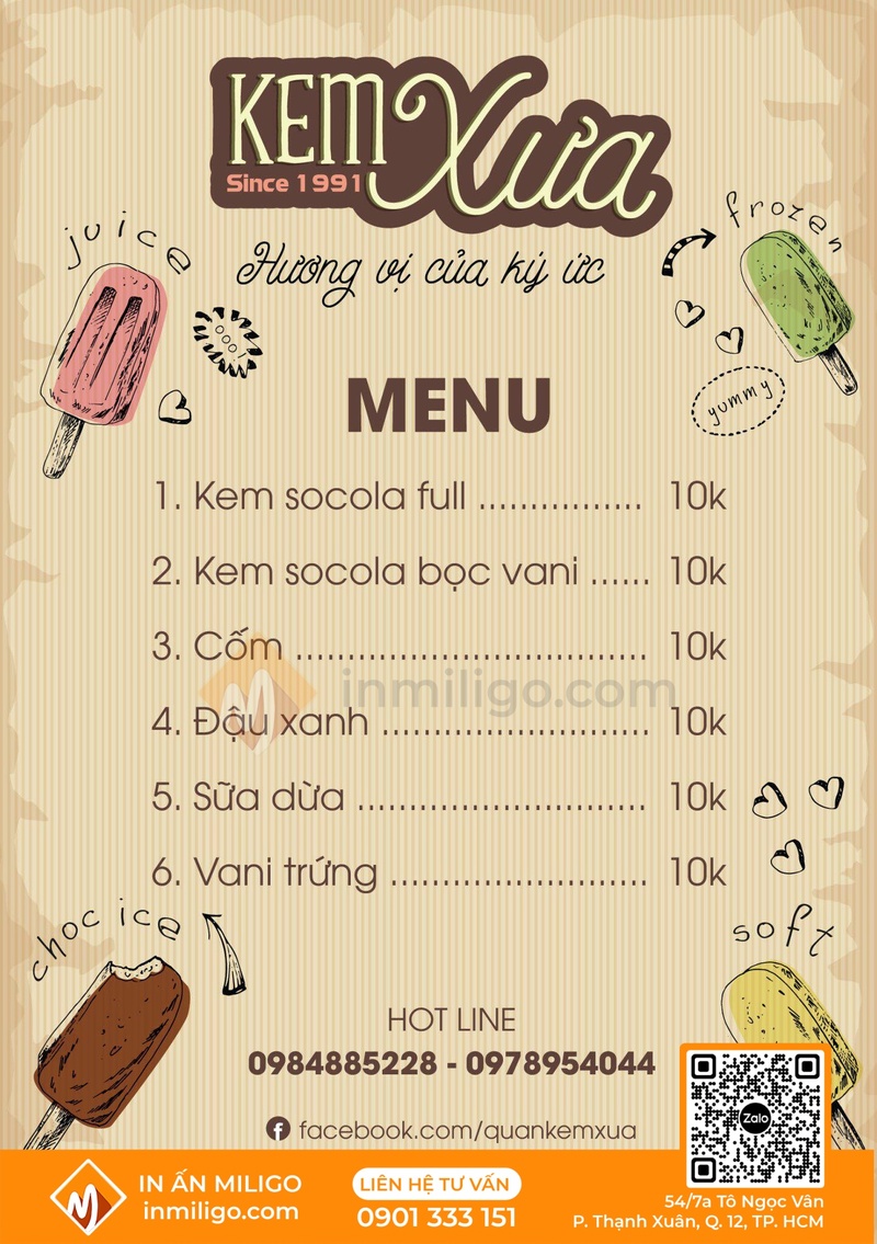 Menu quán kem