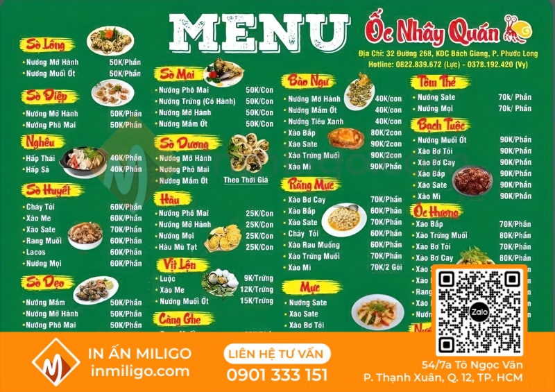 Mẫu menu quán ốc