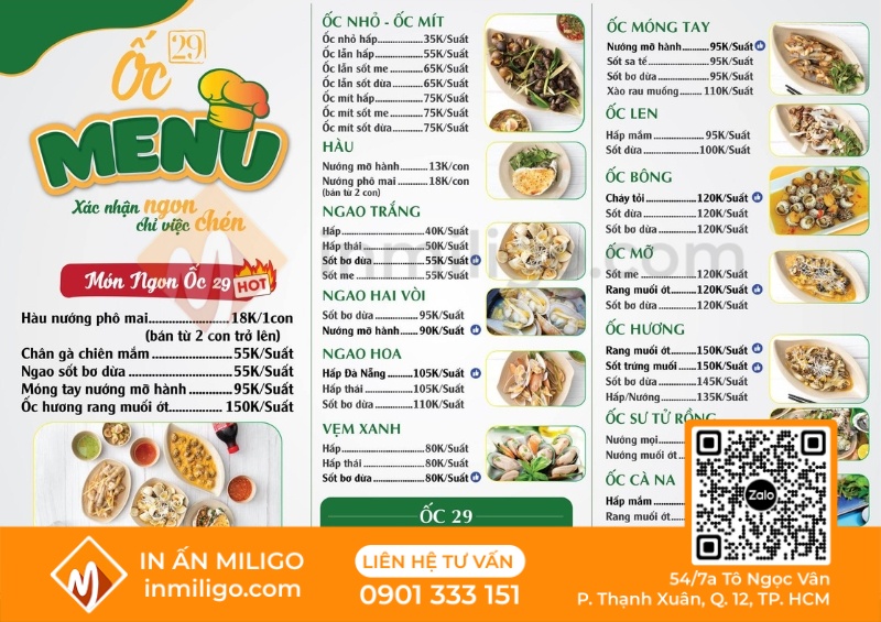 Mẫu menu quán ốc