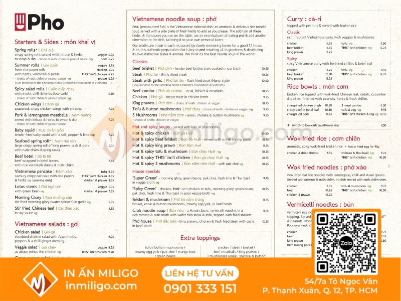 Menu quán phở