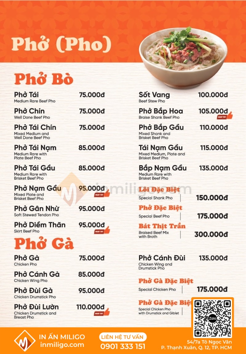 Menu quán phở