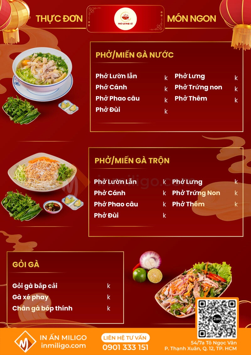 Menu quán phở