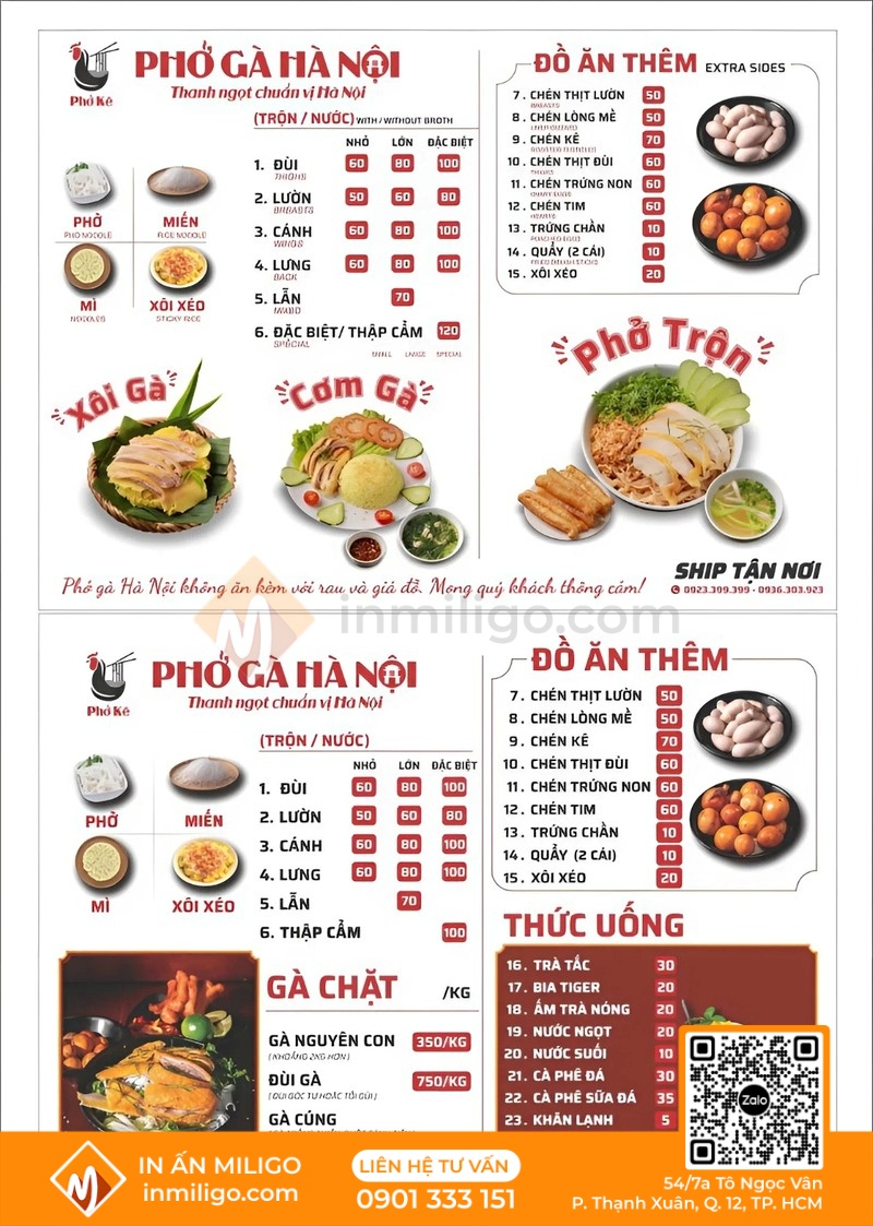 Menu quán phở