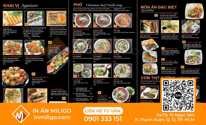Menu quán phở