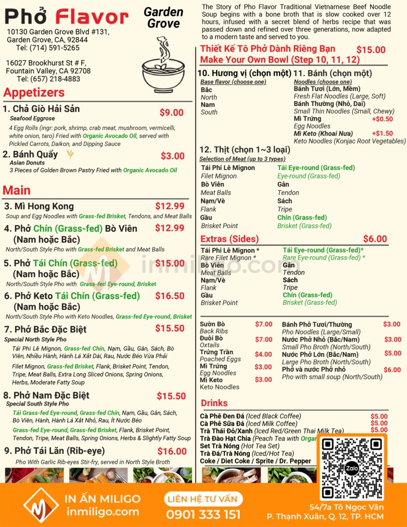Menu quán phở