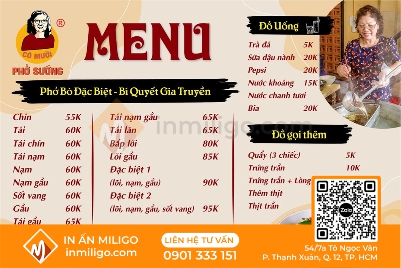 Menu quán phở