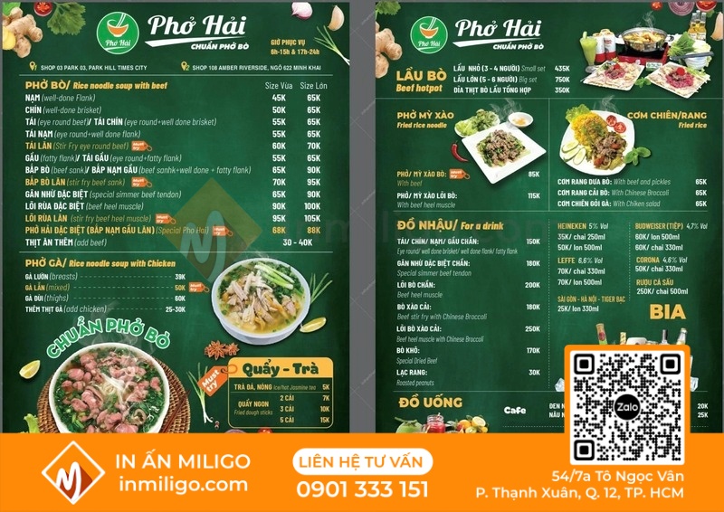 Menu quán phở