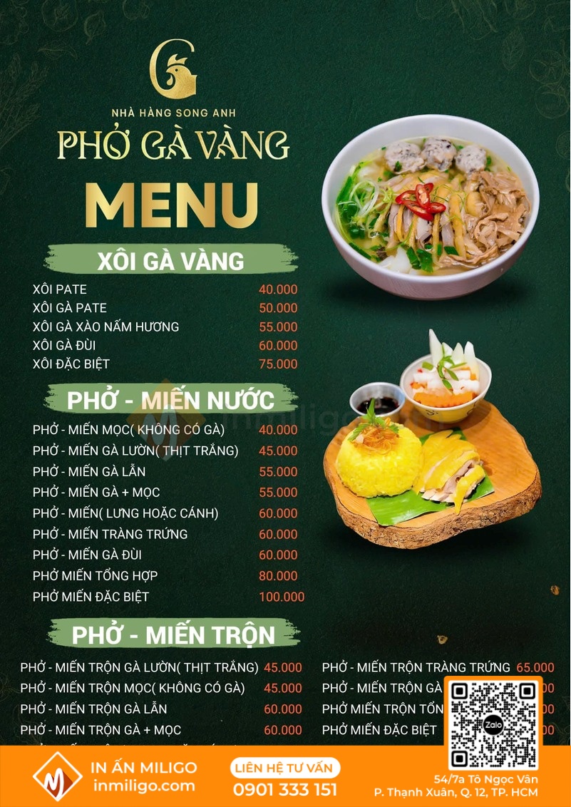 Menu quán phở