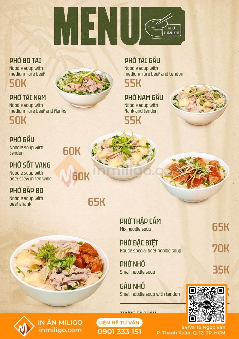 Menu quán phở