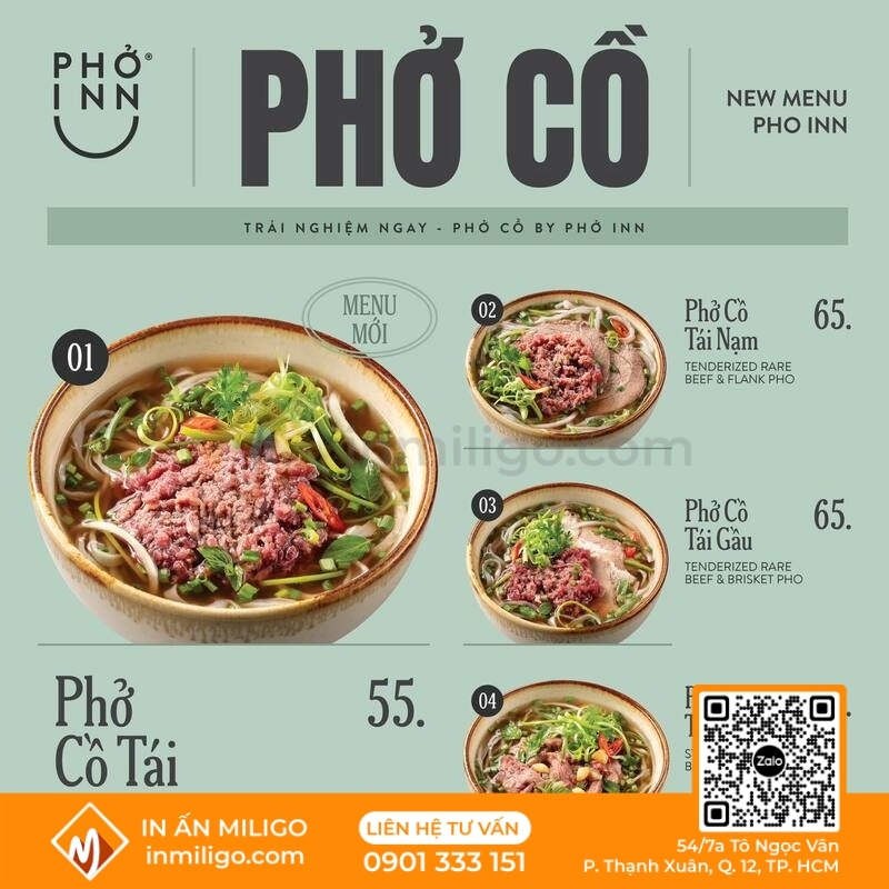 Menu quán phở