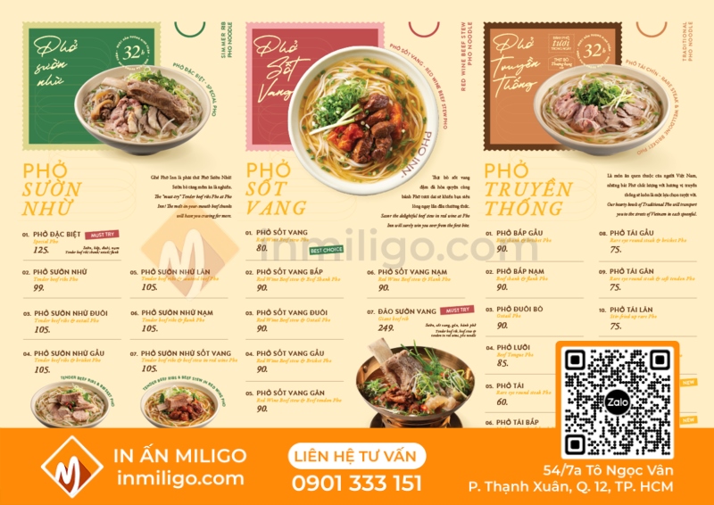 Menu quán phở