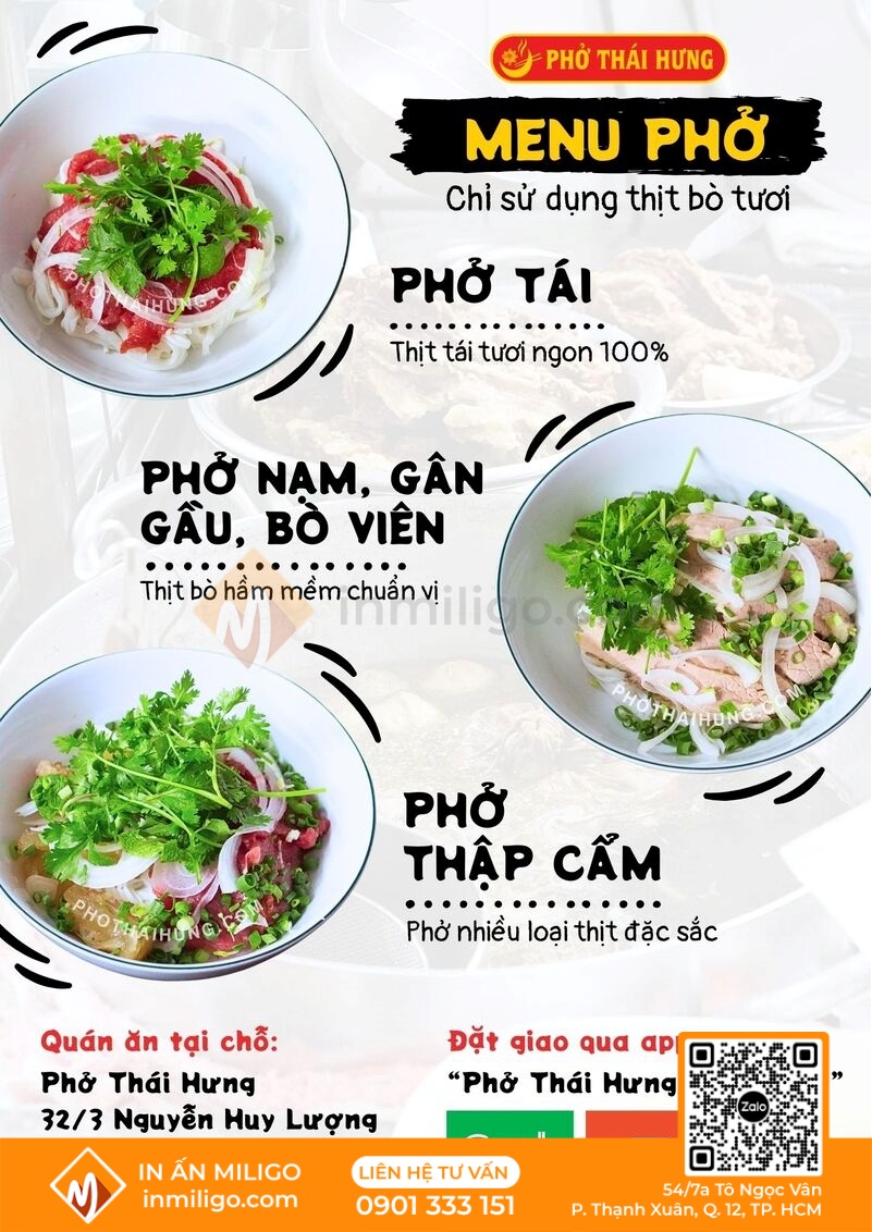 Menu quán phở