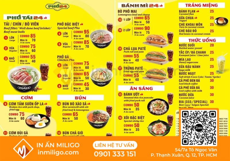Menu quán phở